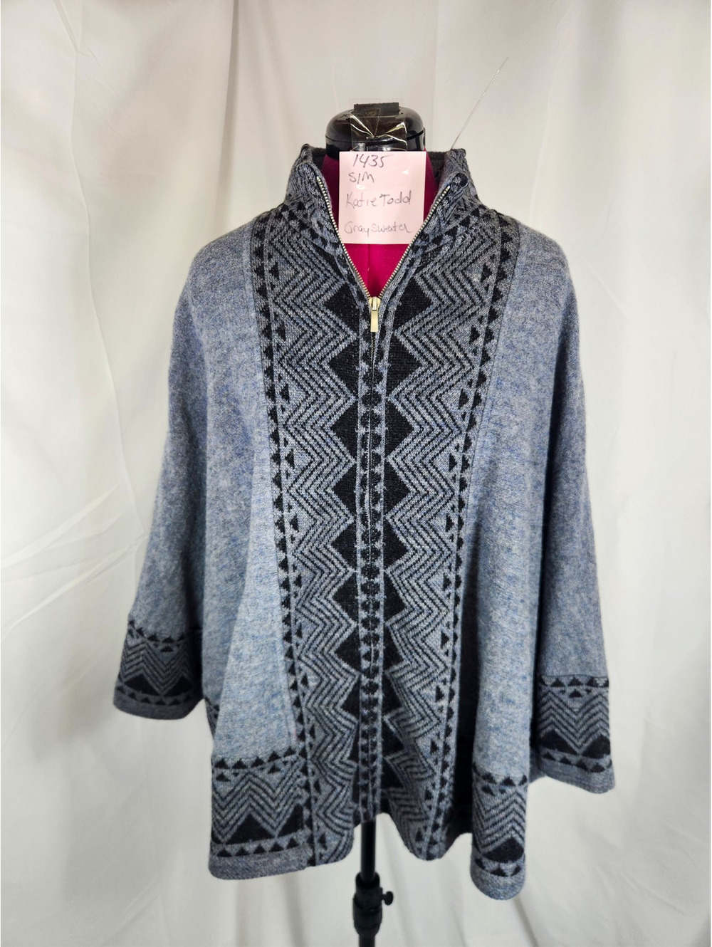 Katie Todd 100% Wool Aztec Print Zip-Up Poncho Sweater Grey S/M
